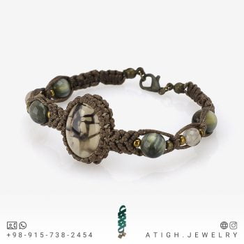 خرید دستبند بافت مکرومه عقیق دراگون (اژدها) با رگه های بینظیر همراه چشم شاهین و عقیق شجری معدنی
